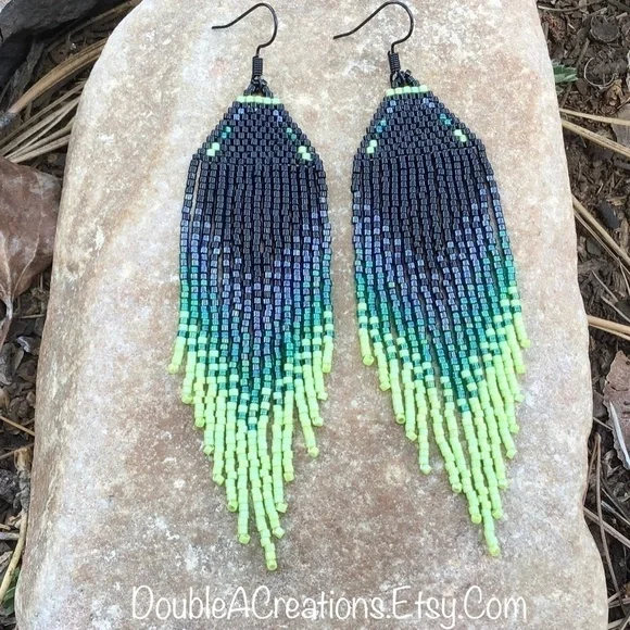 𝅺Black and Lime Green Beaded Earrings with Fringe, New, Handmade by Me - Picture 3 of 11